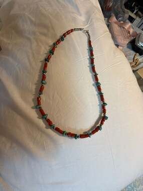 Vintage Southwest Style Coral and Turquoise Bead Necklace with Silver Tone Beads